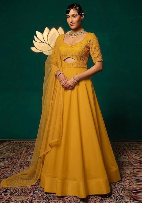 Mustard Yellow Embroidered Crepe Lehenga Set