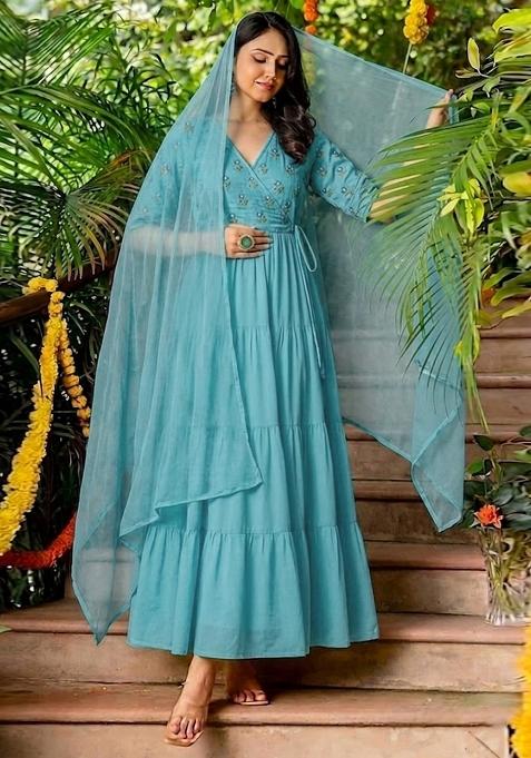 Turquois Blue Embroidered Chanderi Anarkali with Dupatta