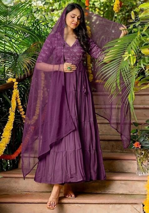 Wine Sequin Silk Anarkali with Dupatta