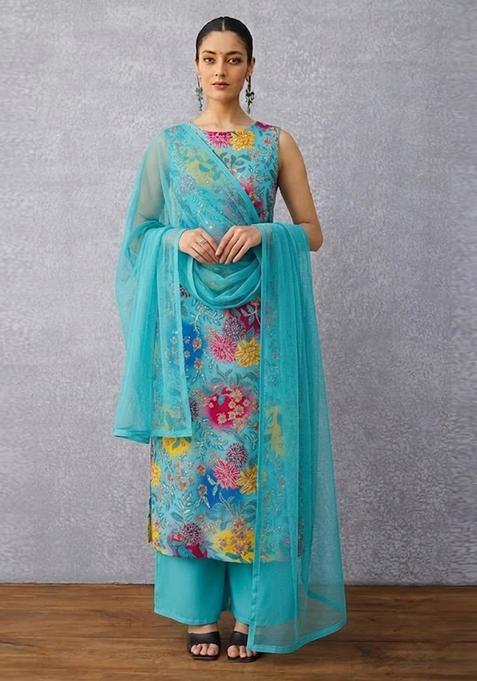 Turquoise Printed Crepe Kurta Set