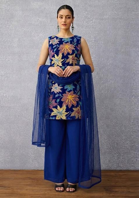 Royal Blue Printed Crepe Kurta Set