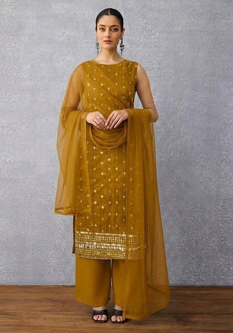 Mustard Yellow Sequin Embroidery Net Kurta Set