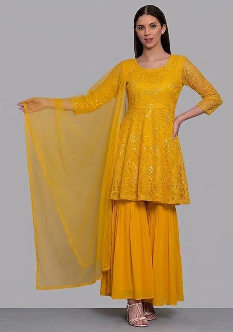 Mustard Yellow Mirror Viscose Sharara Set