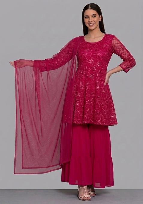 Magenta Pink Mirror Viscose Sharara Set