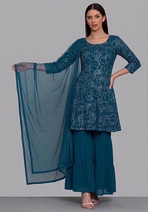 Blue Mirror Viscose Sharara Set