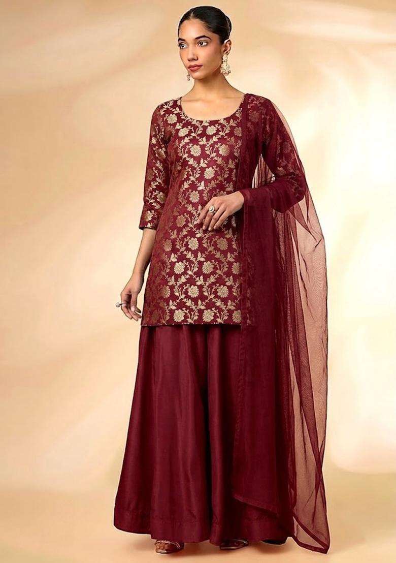 Maroon Red Brocade Sharara Set - Indya