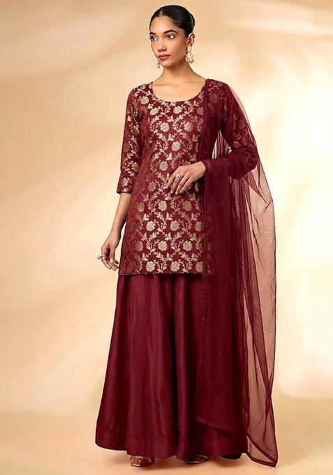 Maroon Red Brocade Sharara Set