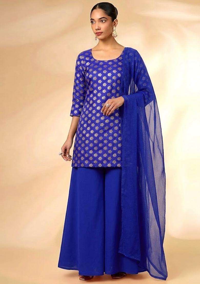 Royal Blue Zari Brocade Sharara Set - Indya