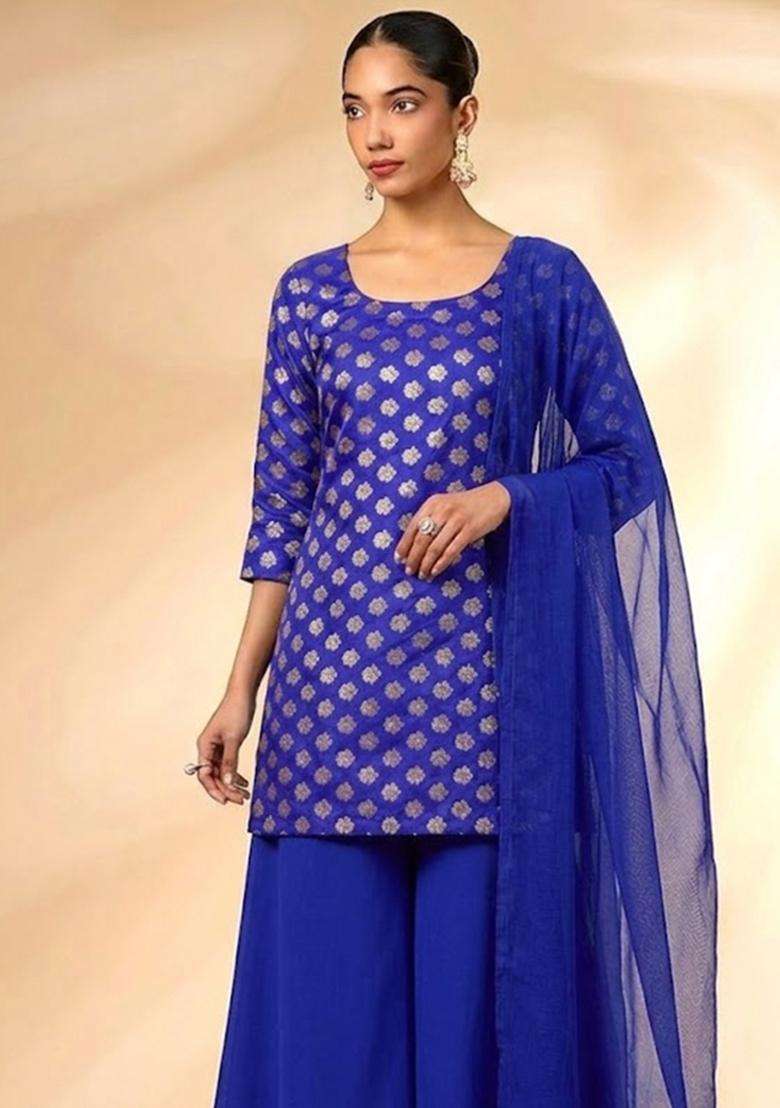 Royal Blue Zari Brocade Sharara Set - Indya