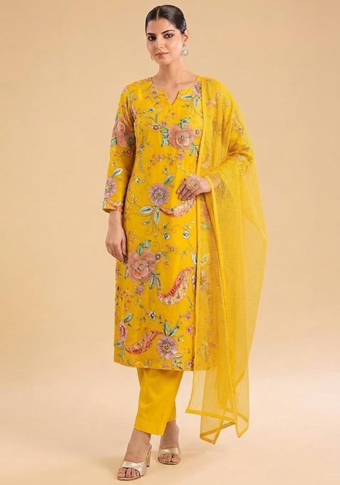Yellow Printed Crepe Kurta Set