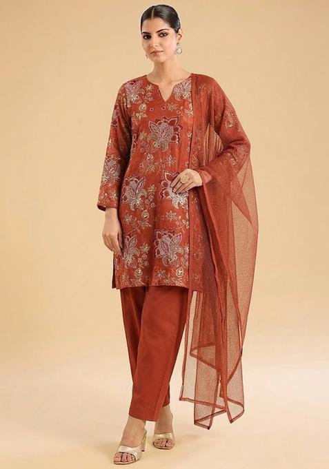 Rust Sequin Organza Kurta Set