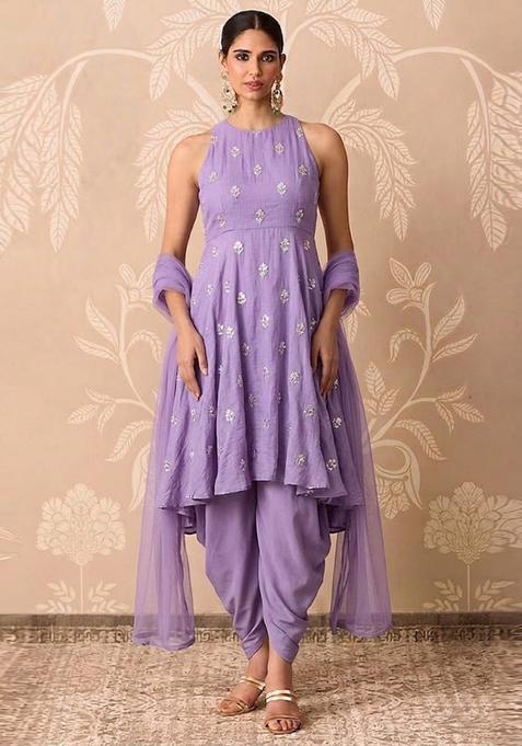 Lavender Purple Embroidered Chanderi Kurta Set