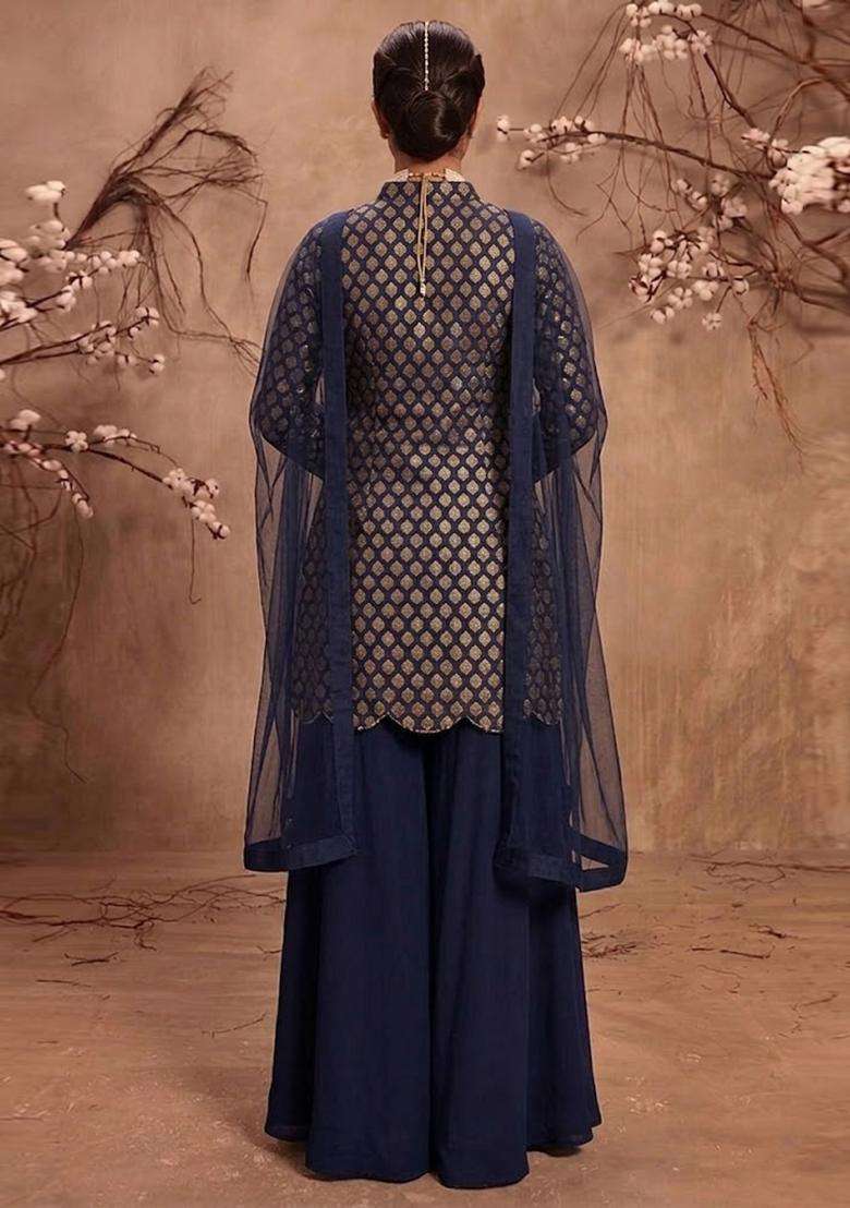 Navy Embroidered Silk Sharara Set - Indya