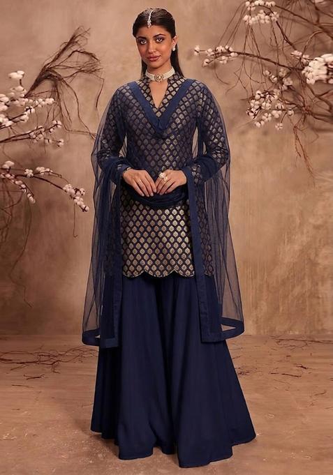 Navy Embroidered Silk Sharara Set