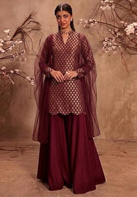 Maroon Red Embroidered Silk Sharara Set
