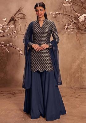 Navy Blue Embroidered Silk Sharara Set