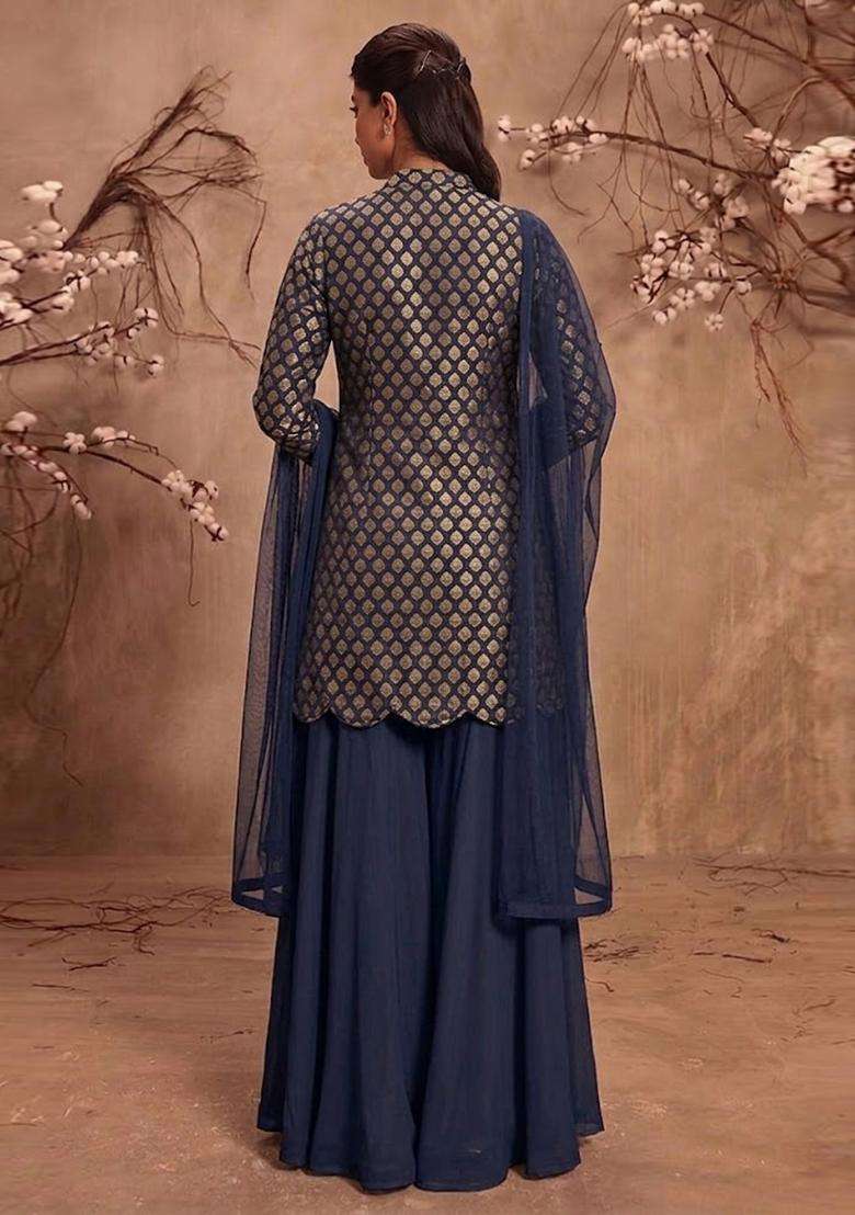 Navy Blue Embroidered Silk Sharara Set - Indya