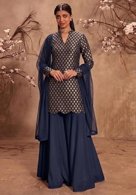 Navy Blue Embroidered Silk Sharara Set