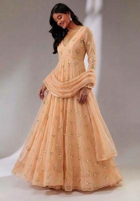 Coral Pink Embroidered Chanderi Anarkali with Dupatta