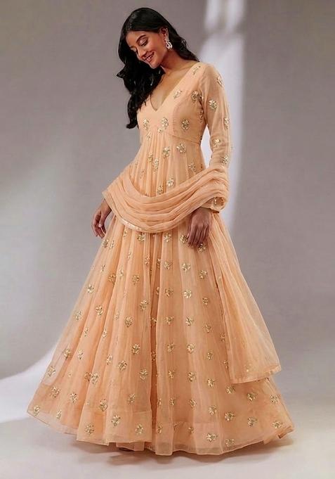 Coral Pink Embroidered Chanderi Anarkali with Dupatta