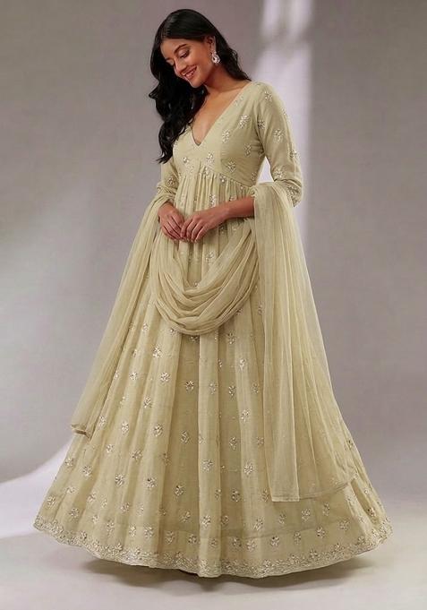 Beige Embroidered Chanderi Anarkali with Dupatta