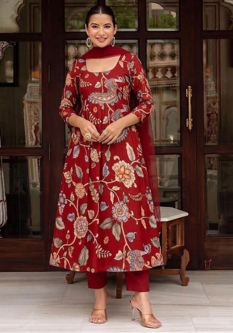 Maroon Printed Silk Kurta Set
