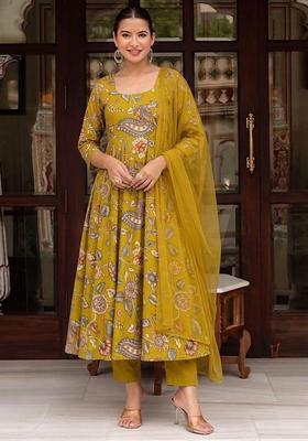 Mehendi Green Printed Silk Kurta Set