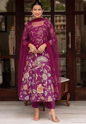 Magenta Pink Printed Silk Kurta Set