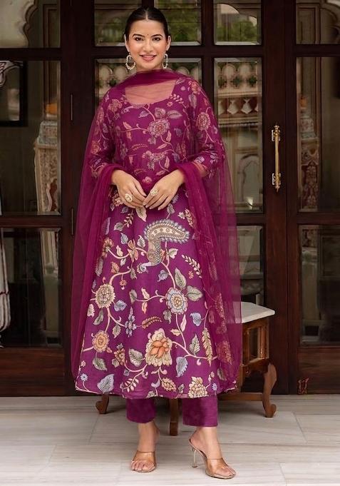 Magenta Pink Printed Silk Kurta Set