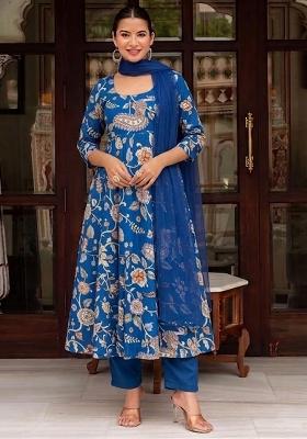 Blue Printed Silk Blend Kurta Set