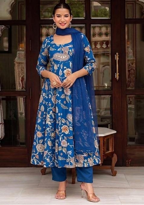 Blue Printed Silk Kurta Set