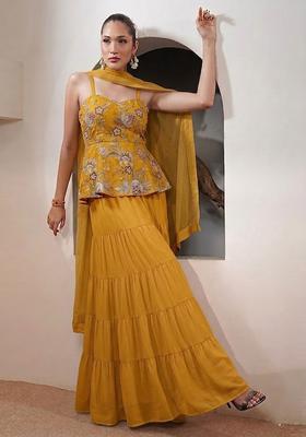 Mustard Printed Organza Sharara Set