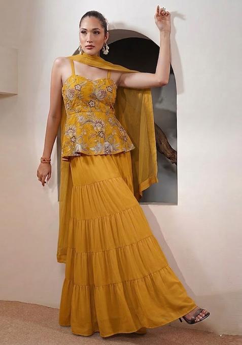 Mustard Printed Organza Sharara Set