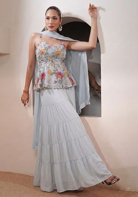 Grey Printed Organza Sharara Set