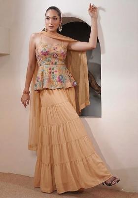 Peach Printed Organza Sharara Set