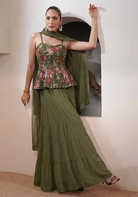 Deep Green Printed Organza Sharara Set