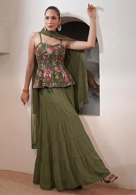 Deep Green Printed Organza Sharara Set