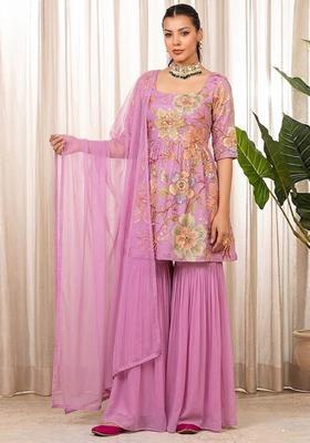 Pink Embroidered Organza Sharara Set