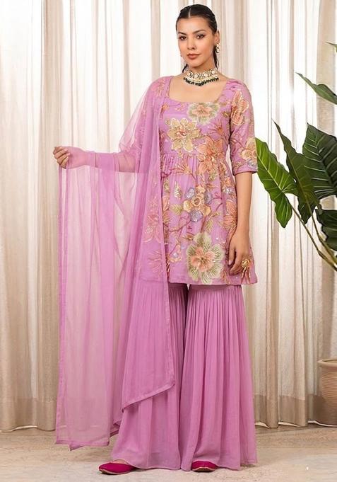 Pink Embroidered Organza Sharara Set