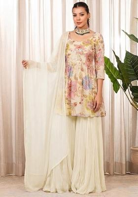 White Embroidered Organza Sharara Set