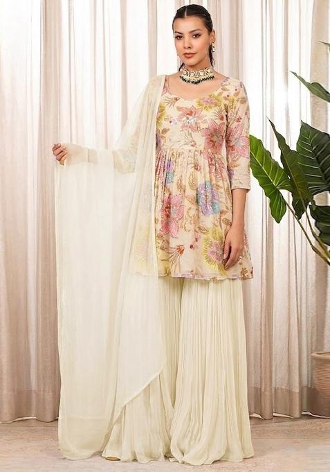 White Embroidered Organza Sharara Set