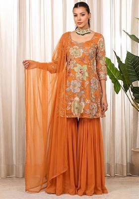 Orange Embroidered Organza Sharara Set