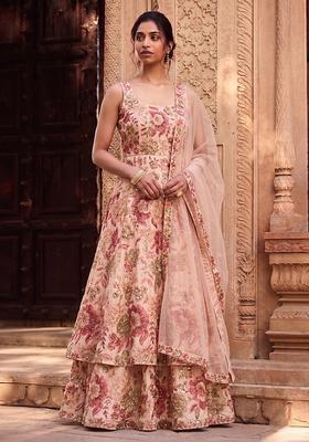 Blush Pink Printed Silk Anarkali Set