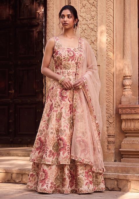 Blush Pink Printed Silk Anarkali Set