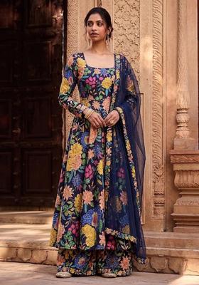 Navy Blue Printed Silk Anarkali Set