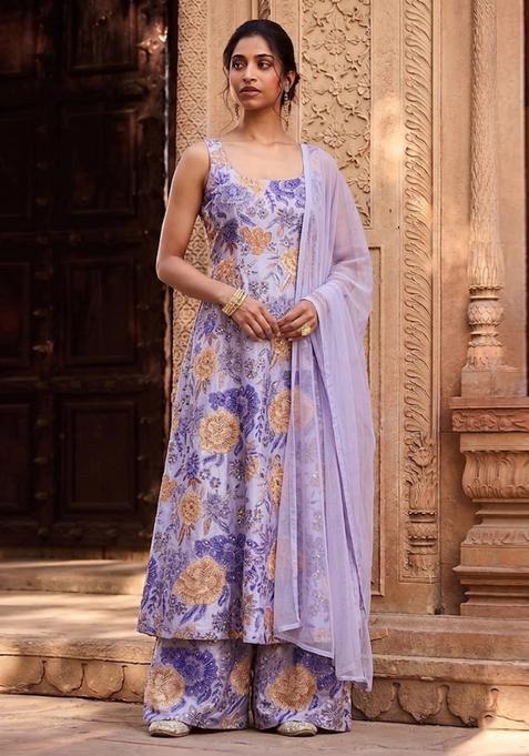 Lavender Purple Printed Silk Anarkali Set