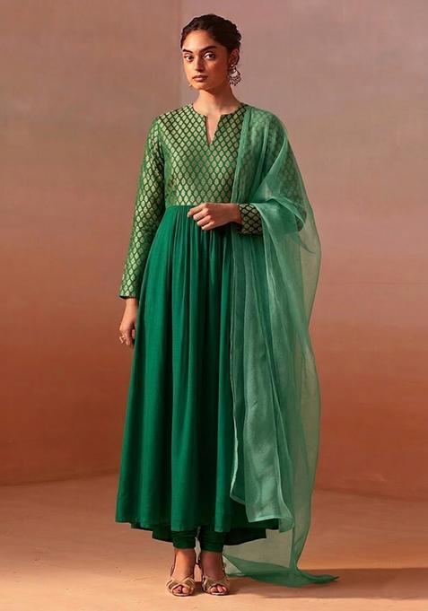 Emerald Green Brocade Anarkali Set