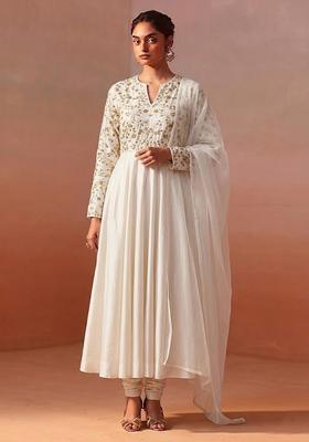 Off White Embroidered Crepe Anarkali Set