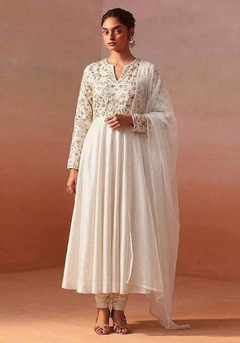 Off White Embroidered Crepe Anarkali Set