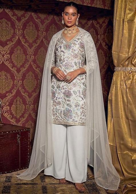 Ivory White Printed Crepe Kurta Set